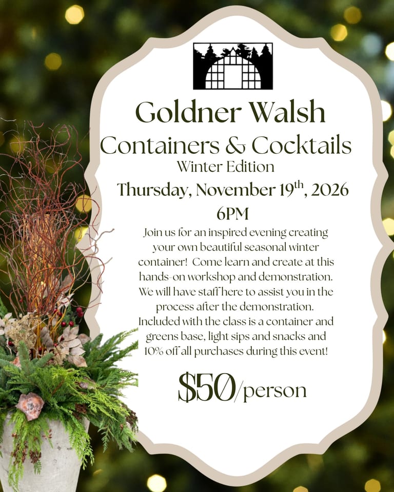 Containers & Cocktails: Winter Edition flyer with a winter container of greens and branches